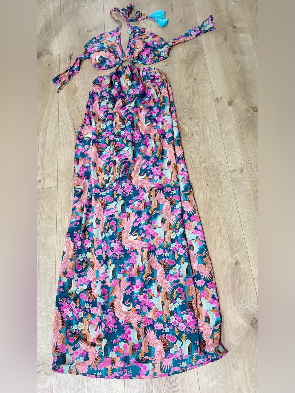 Halter Maxi Silk Dress in Teal and Pink Floral/ bird  Print